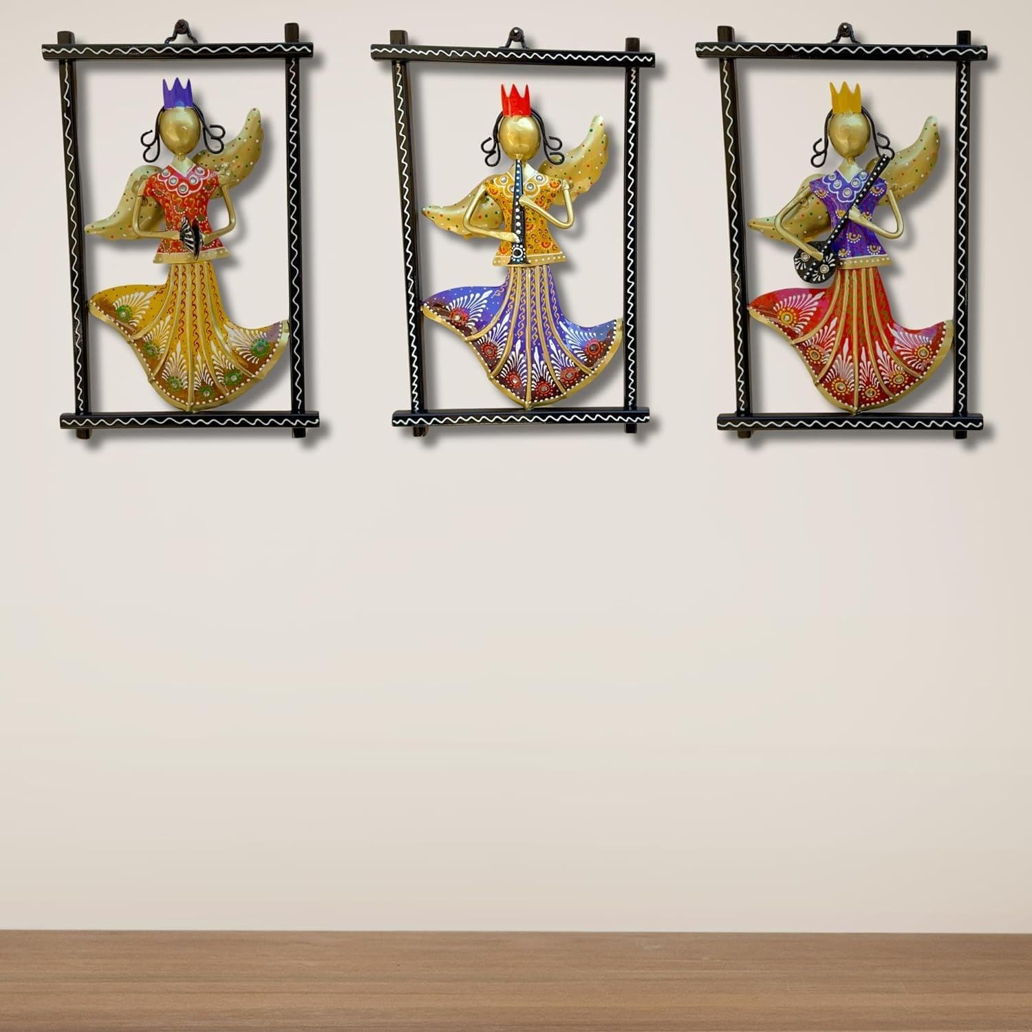 Rsn 3 Rajasthani Pari Musician Wall Hangings For Home Decoration, Metal Wall Art Frame Wall Sculpture For Living Room, Wall Hang